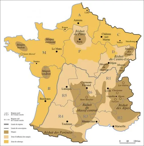 Carte de France avec le découpage militaire des forces françaises de l'intérieur