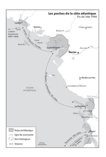 Carte des poches de la côte Atlantique, août 1944