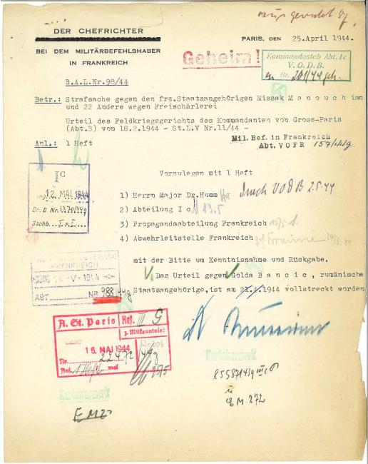 Jugements par le tribunal militaire allemand du « groupe Manouchian »