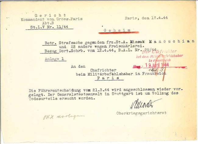 Jugements par le tribunal militaire allemand du « groupe Manouchian »