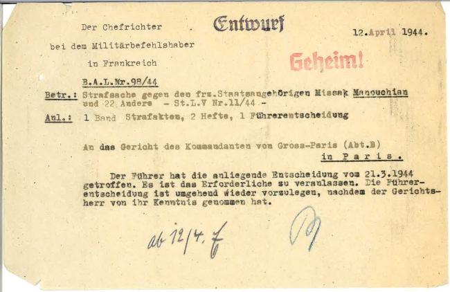Jugements par le tribunal militaire allemand du « groupe Manouchian »